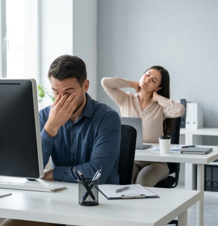 Dos personas en una oficina con gestos de cansancio y tensión durante su jornada de trabajo.